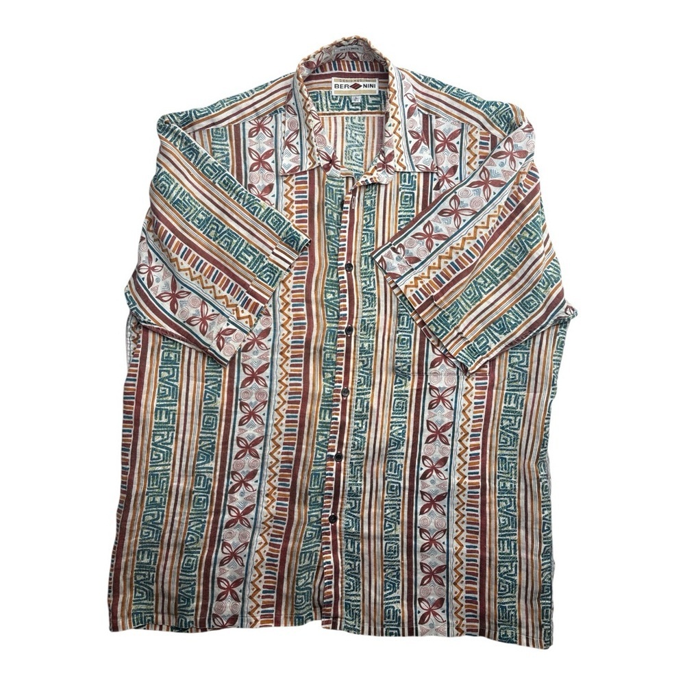 Vintage BERNINI 100% Linen Button Down Shirt | Abstract Stripe | Sz L 16.5 - Picture 4 of 9